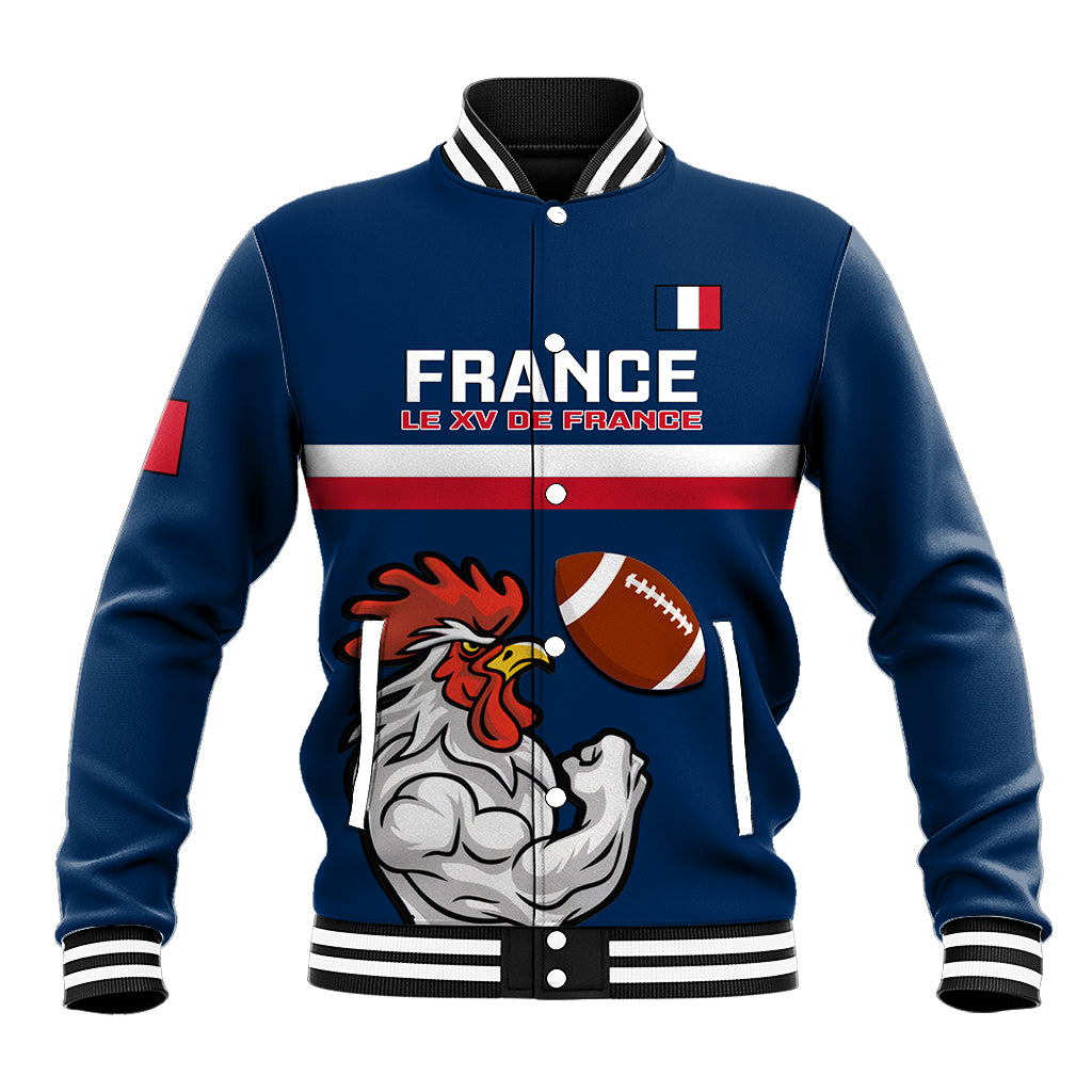 Blue varsity baseball jacket with striped collar, snap buttons, France graphic