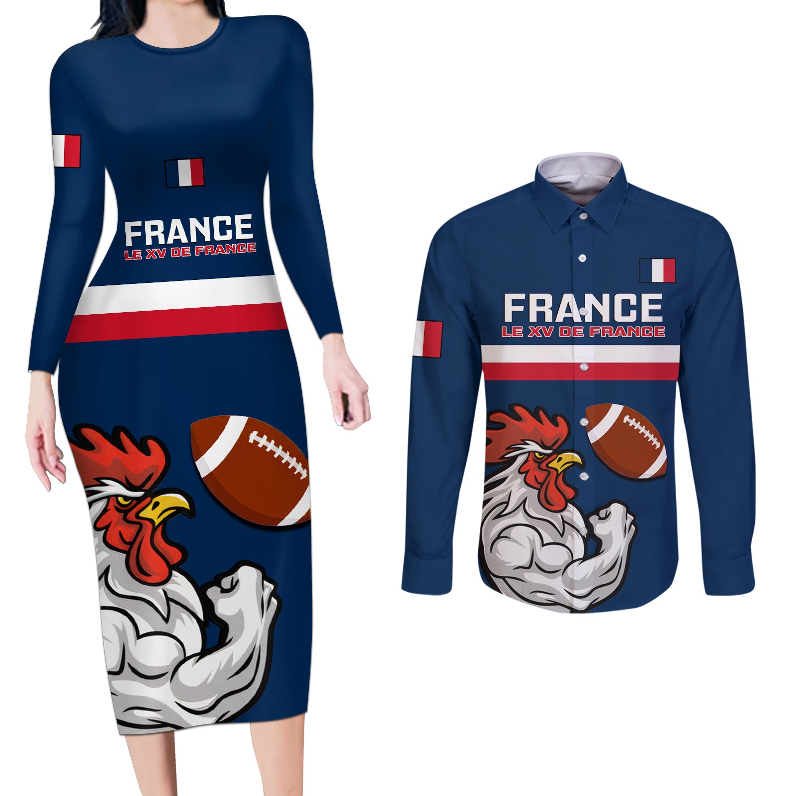 Custom France Rugby Couples Matching Long Sleeve Bodycon Dress and Long Sleeve Button Shirts World Cup Allez Les Bleus 2023 Mascot - Wonder Print Shop