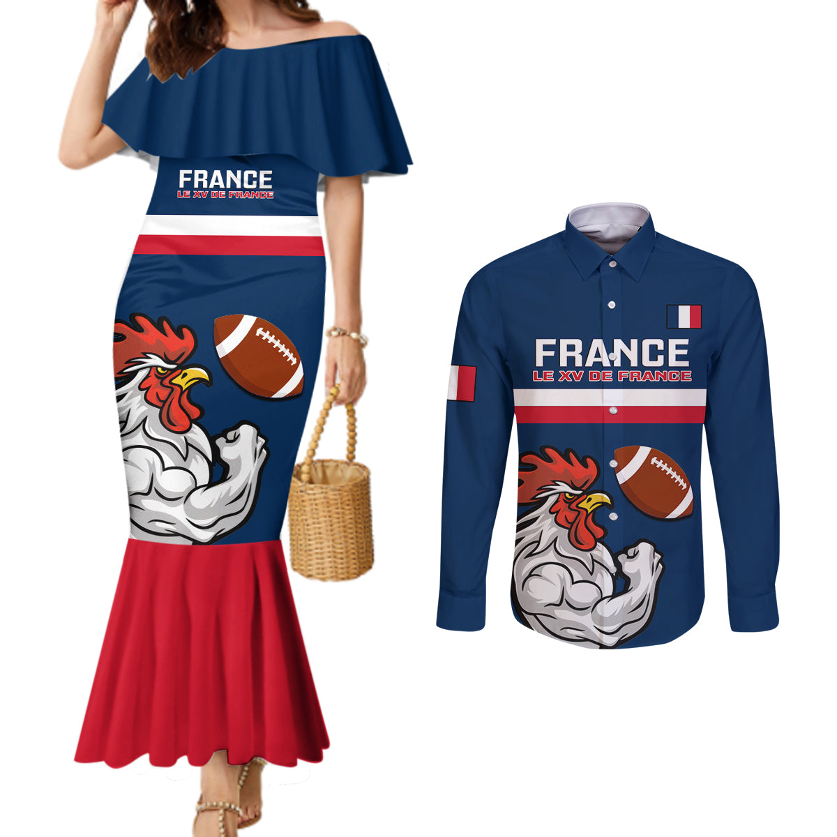 custom-france-rugby-couples-matching-mermaid-dress-and-long-sleeve-button-shirts-world-cup-allez-les-bleus-2023-mascot