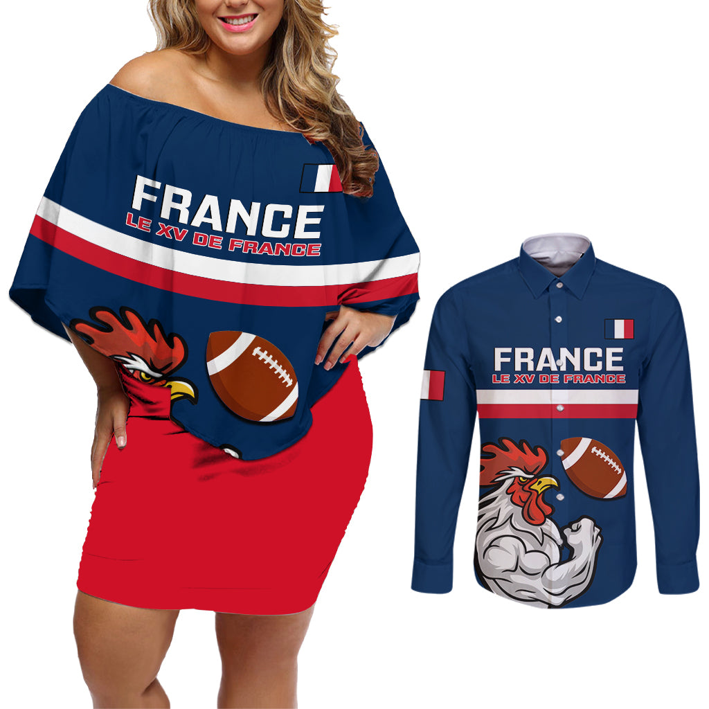 Custom France Rugby Couples Matching Off Shoulder Short Dress and Long Sleeve Button Shirts World Cup Allez Les Bleus 2023 Mascot - Wonder Print Shop