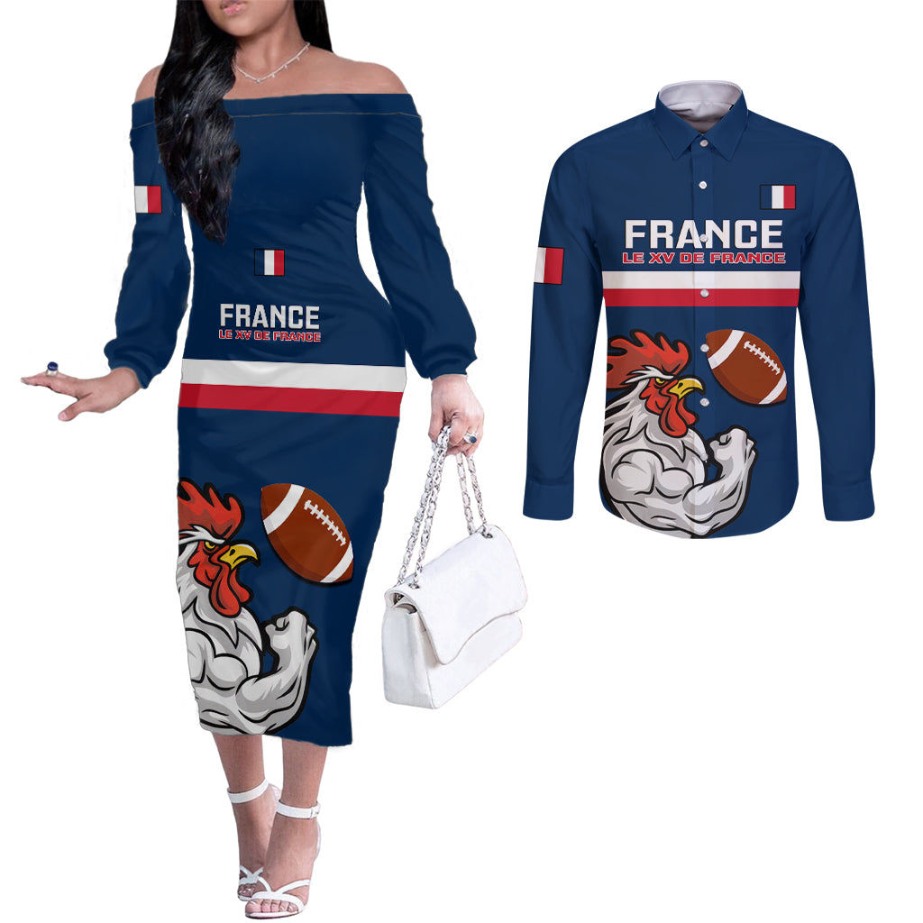 custom-france-rugby-couples-matching-off-the-shoulder-long-sleeve-dress-and-long-sleeve-button-shirts-world-cup-allez-les-bleus-2023-mascot