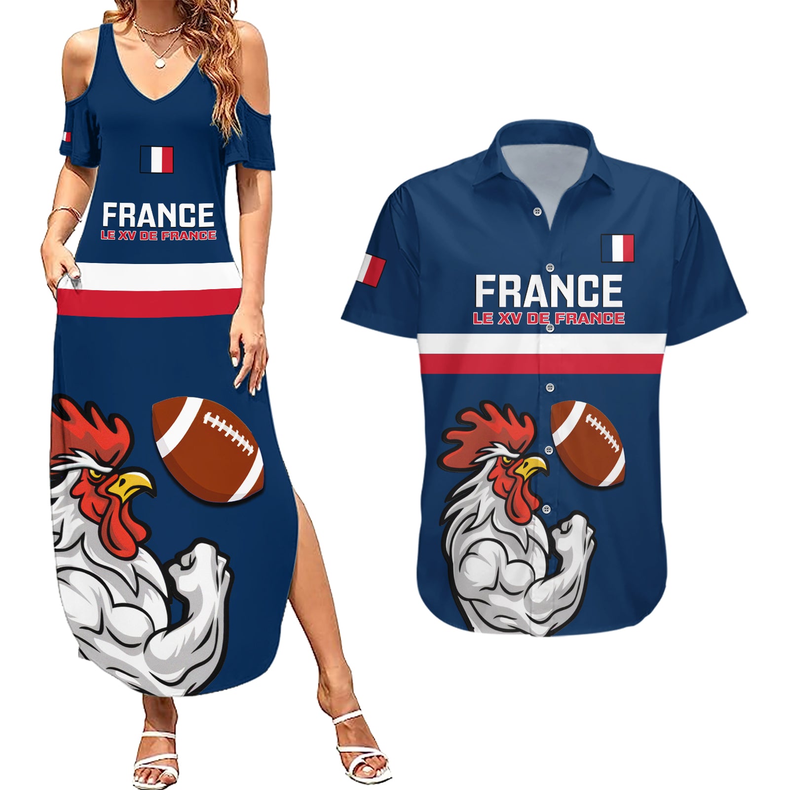 Custom France Rugby Couples Matching Summer Maxi Dress and Hawaiian Shirt World Cup Allez Les Bleus 2023 Mascot - Wonder Print Shop