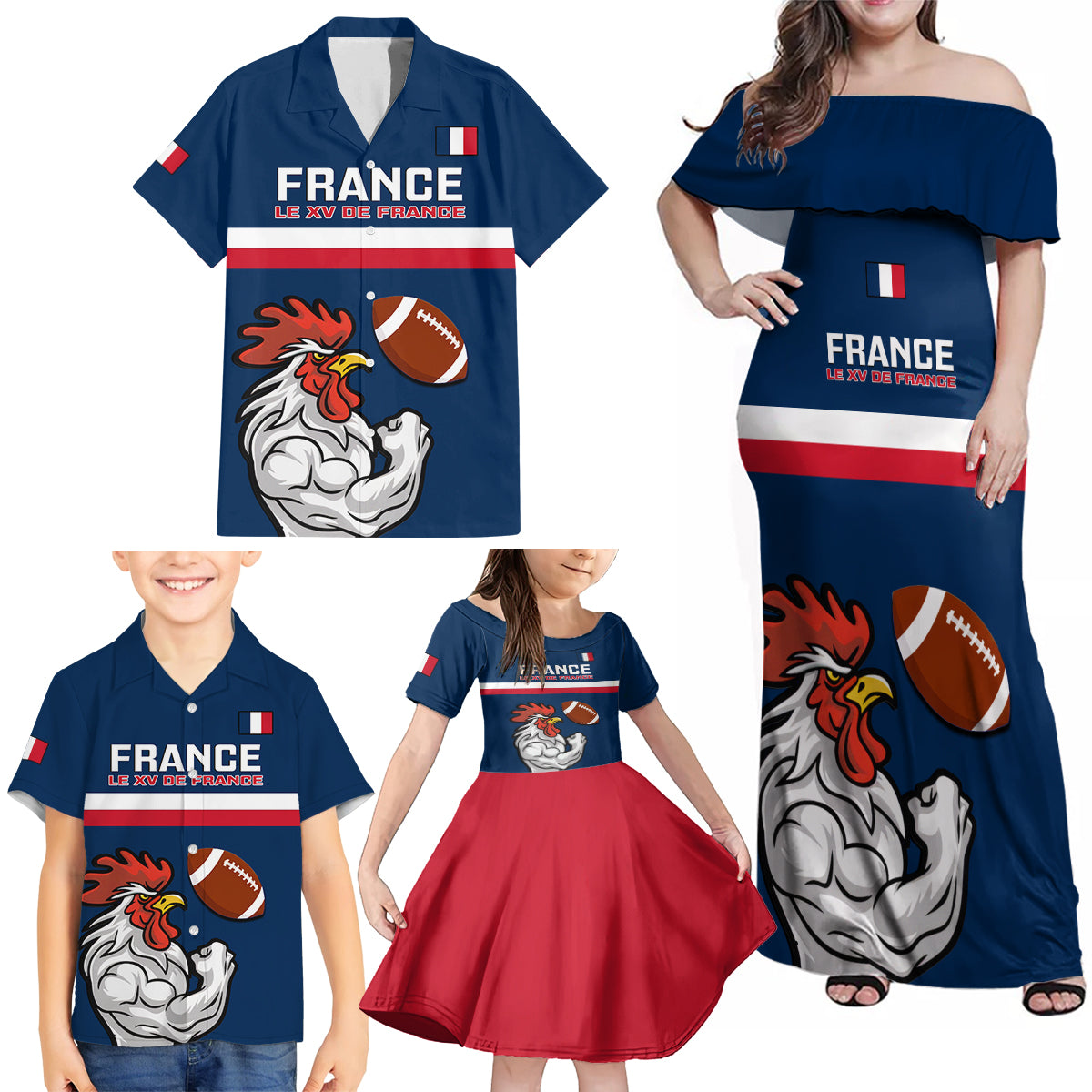 Custom France Rugby Family Matching Off Shoulder Maxi Dress and Hawaiian Shirt World Cup Allez Les Bleus 2023 Mascot - Wonder Print Shop