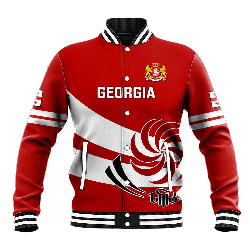 Red baseball rugby jacket with white diagonal stripe, crest logo, striped collar and cuffs