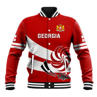 Red baseball rugby jacket with white diagonal stripe, crest logo, striped collar and cuffs