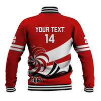 Red rugby baseball jacket back with white diagonal stripe, YOUR TEXT 14, striped cuffs