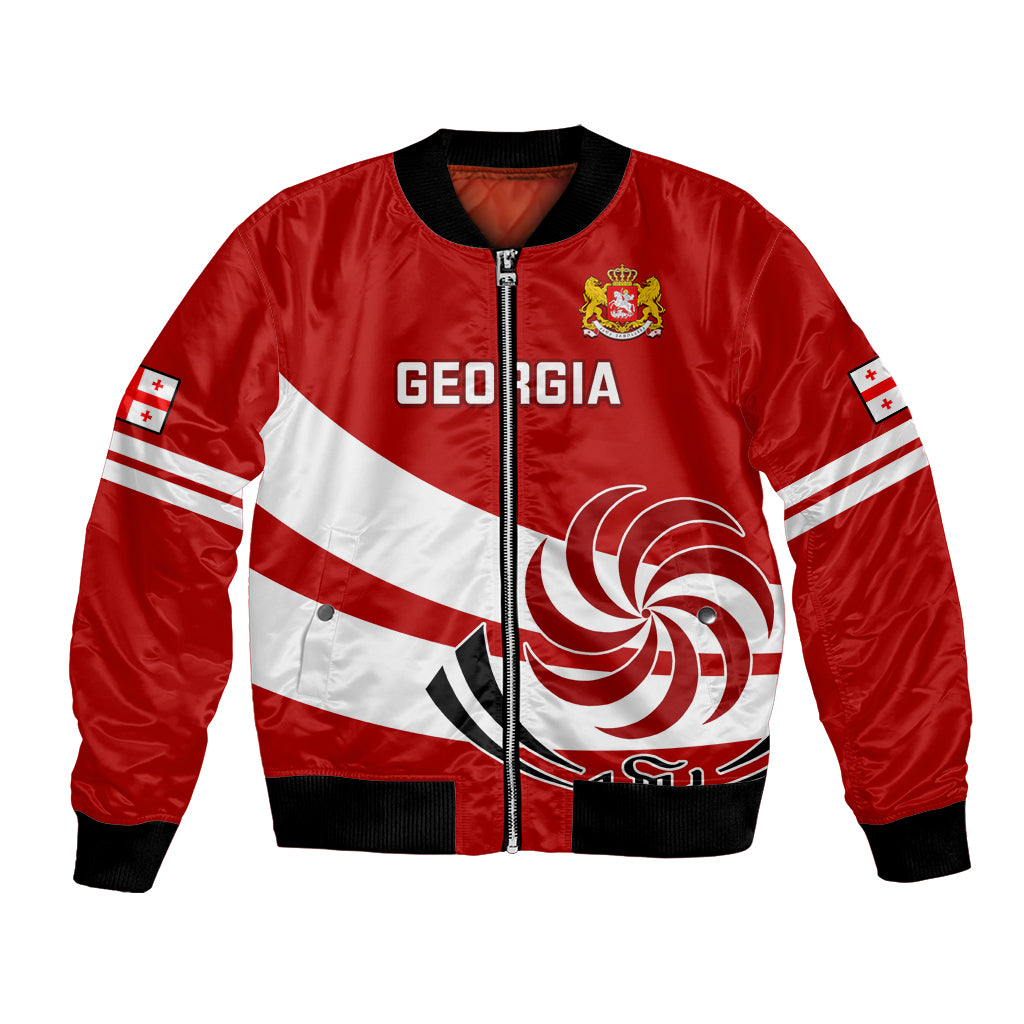 Red satin bomber jacket with zip front, white diagonal stripe, Georgia crest