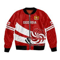 Red satin bomber jacket with zip front, white diagonal stripe, Georgia crest