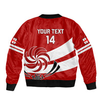 Red satin bomber jacket with ribbed hem, white diagonal stripe, custom "YOUR TEXT 14"