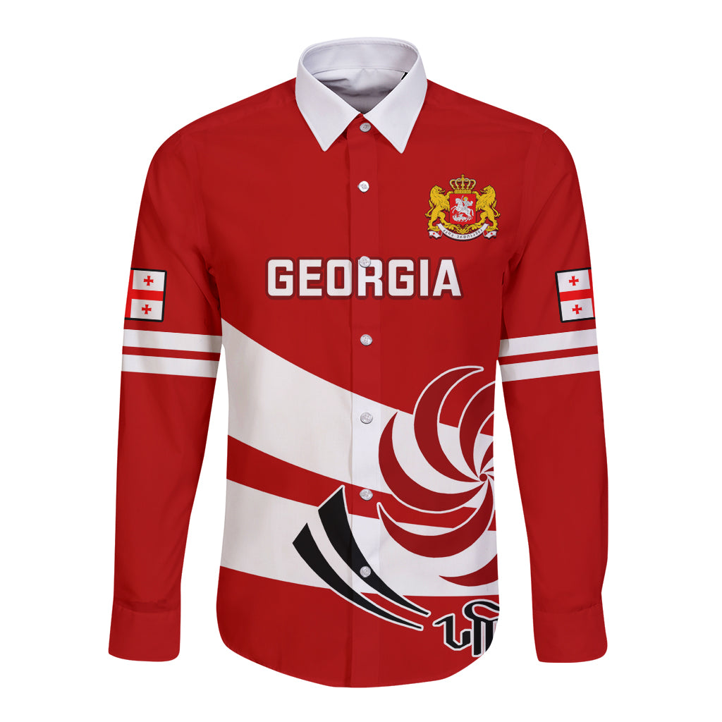 Red long sleeve rugby button shirt with white collar, Georgia text, and crest