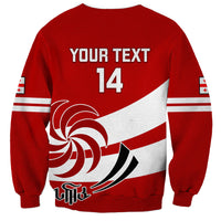 Red rugby sweatshirt back with YOUR TEXT 14, white diagonal stripe and swirl graphics