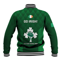 Green back-print baseball jacket with GO IRISH text, shamrock emblem, striped rib cuffs