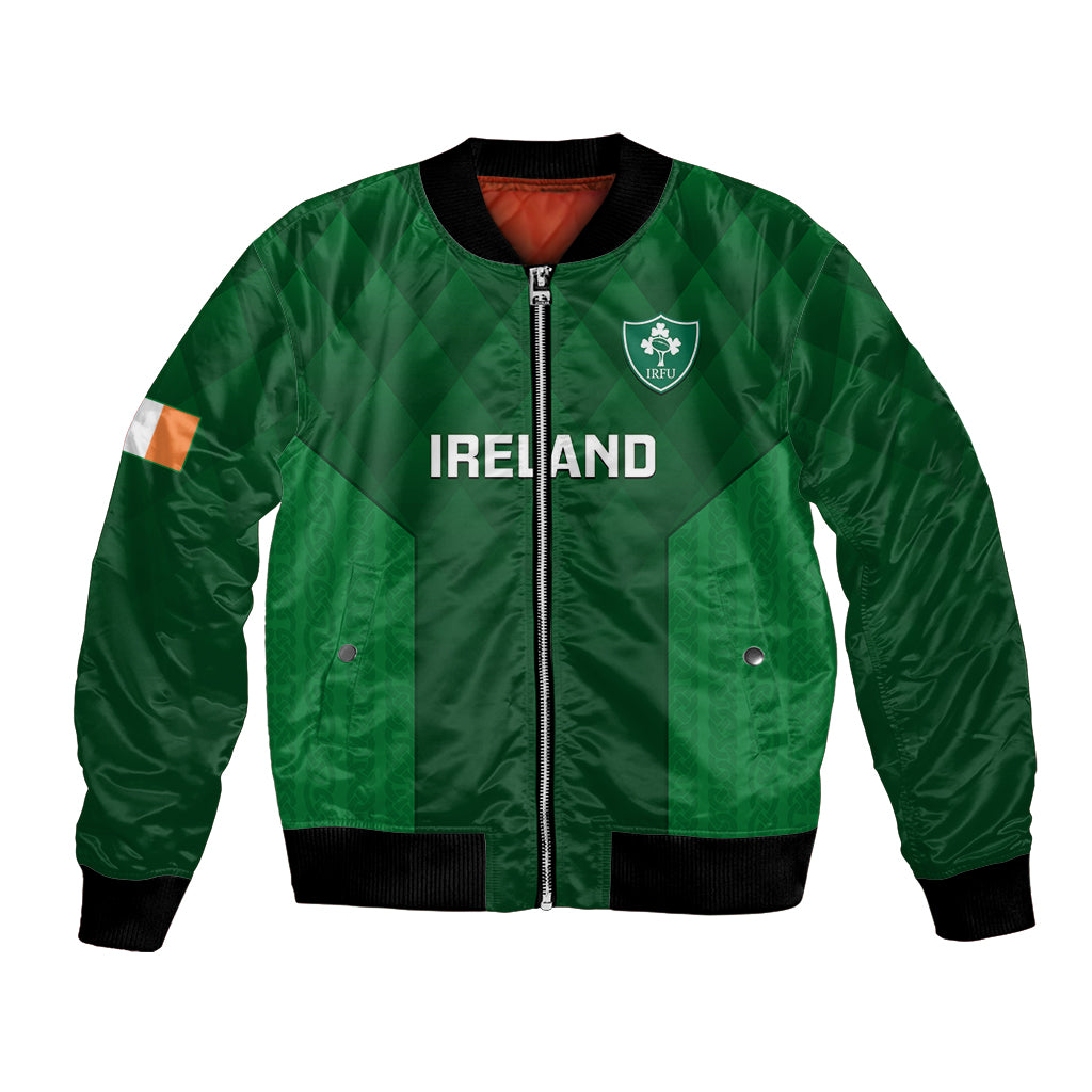 Green bomber jacket with full-zip front, ribbed cuffs, and Ireland crest graphic