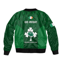 Green bomber jacket back with 'Go Irish!' text and white rugby emblems, ribbed hem