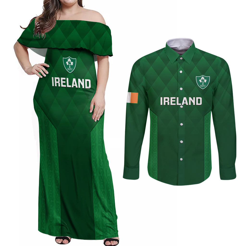 Ireland Rugby Couples Matching Off Shoulder Maxi Dress and Long Sleeve Button Shirts 2023 Go Shamrock World Cup Irish Celtic Pattern - Wonder Print Shop