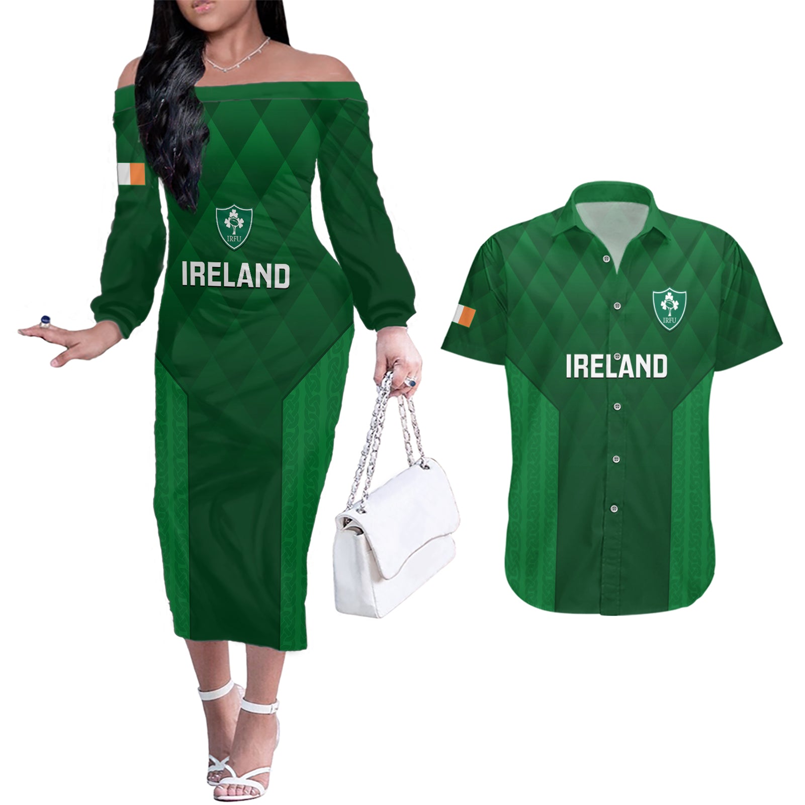 Ireland Rugby Couples Matching Off The Shoulder Long Sleeve Dress and Hawaiian Shirt 2023 Go Shamrock World Cup Irish Celtic Pattern - Wonder Print Shop