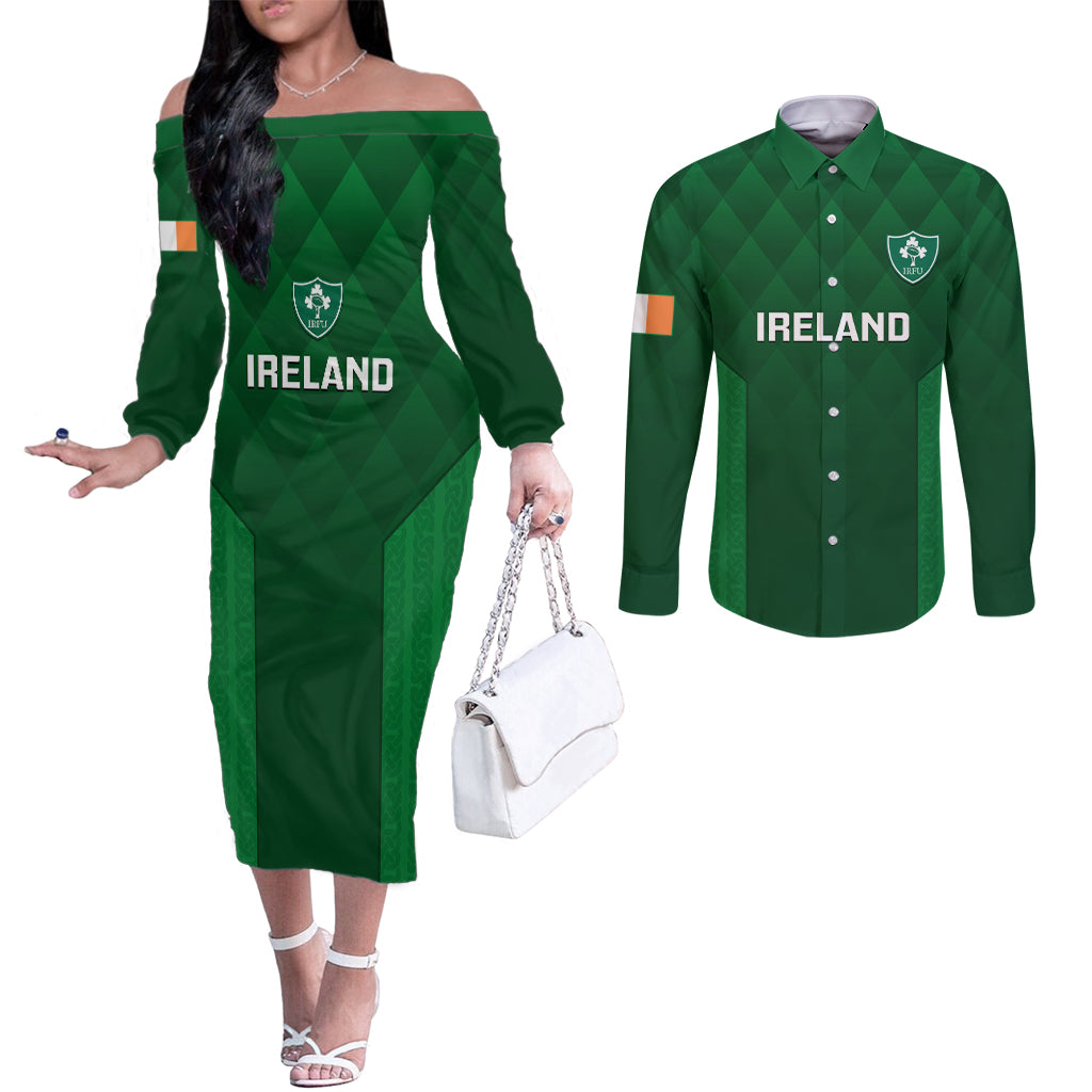 ireland-rugby-couples-matching-off-the-shoulder-long-sleeve-dress-and-long-sleeve-button-shirts-2023-go-shamrock-world-cup-irish-celtic-pattern