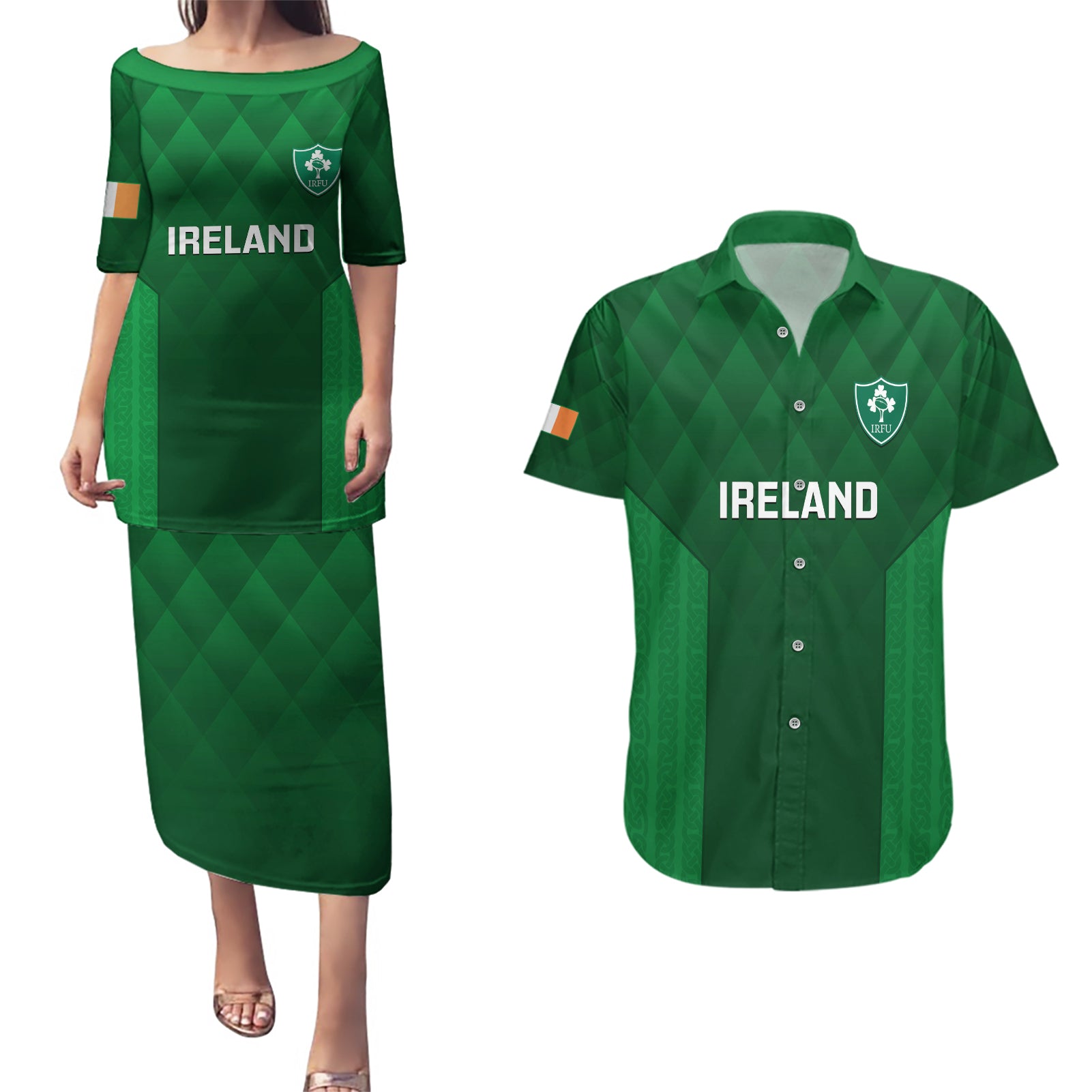 Ireland Rugby Couples Matching Puletasi Dress and Hawaiian Shirt 2023 Go Shamrock World Cup Irish Celtic Pattern - Wonder Print Shop