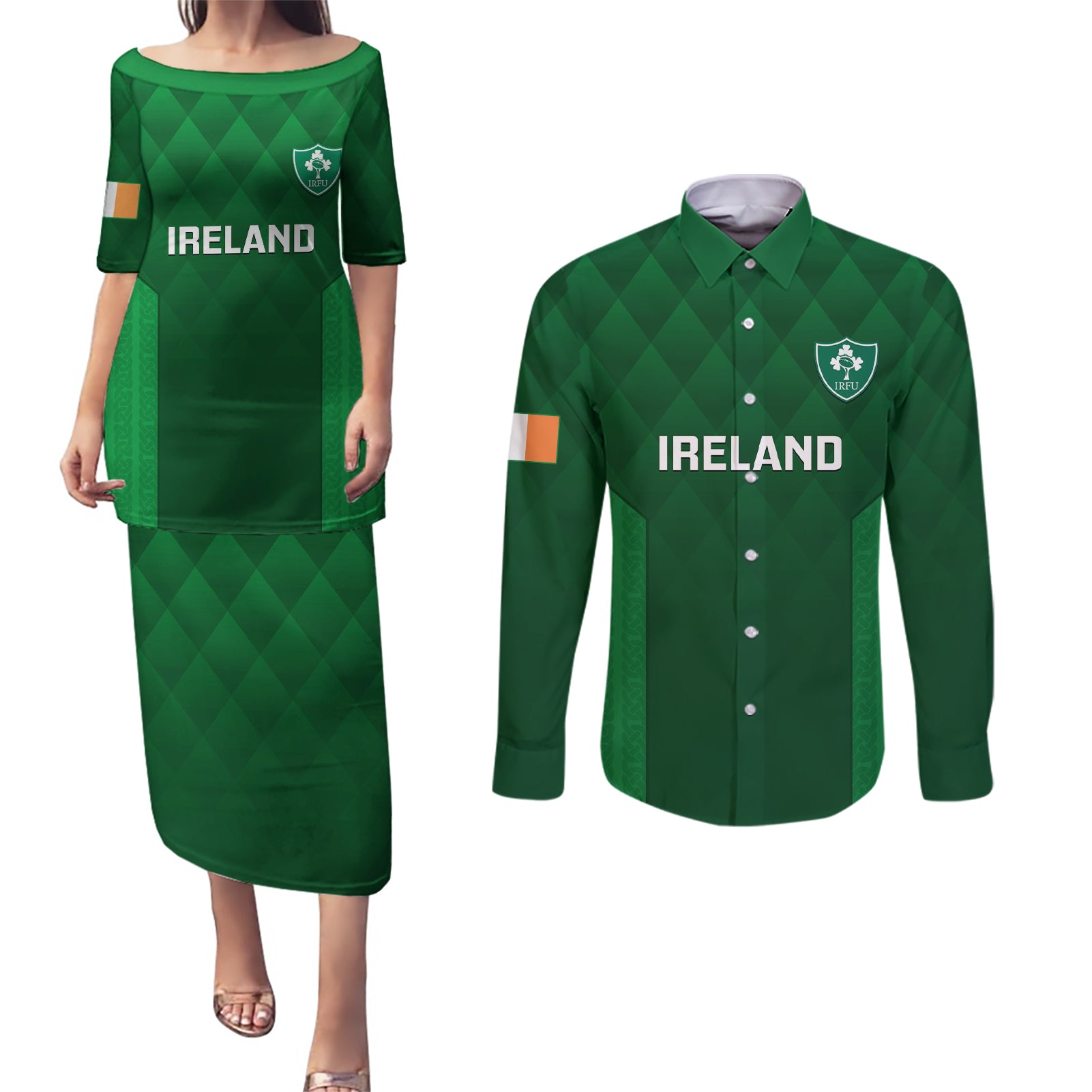 Ireland Rugby Couples Matching Puletasi Dress and Long Sleeve Button Shirts 2023 Go Shamrock World Cup Irish Celtic Pattern - Wonder Print Shop