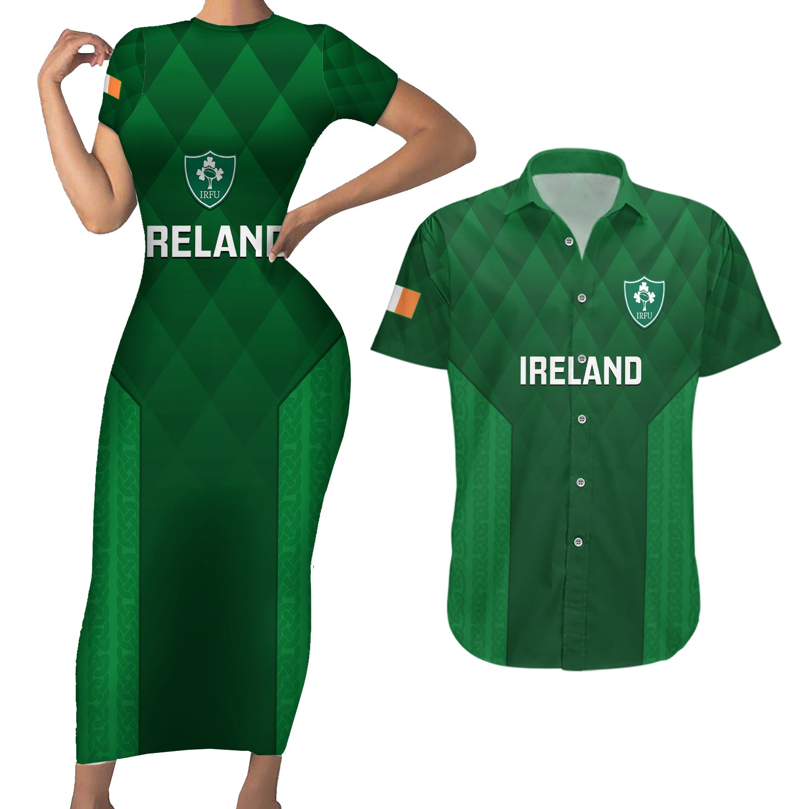 Ireland Rugby Couples Matching Short Sleeve Bodycon Dress and Hawaiian Shirt 2023 Go Shamrock World Cup Irish Celtic Pattern - Wonder Print Shop