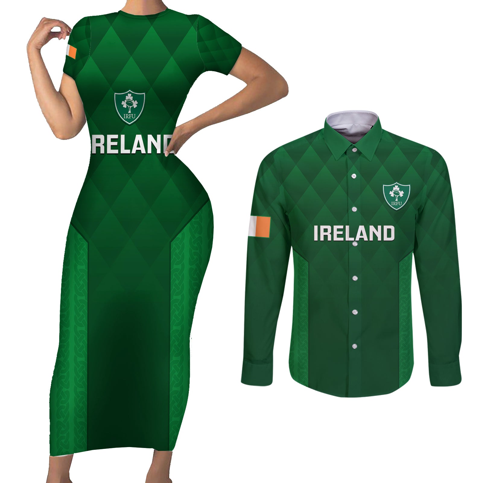 Ireland Rugby Couples Matching Short Sleeve Bodycon Dress and Long Sleeve Button Shirts 2023 Go Shamrock World Cup Irish Celtic Pattern - Wonder Print Shop