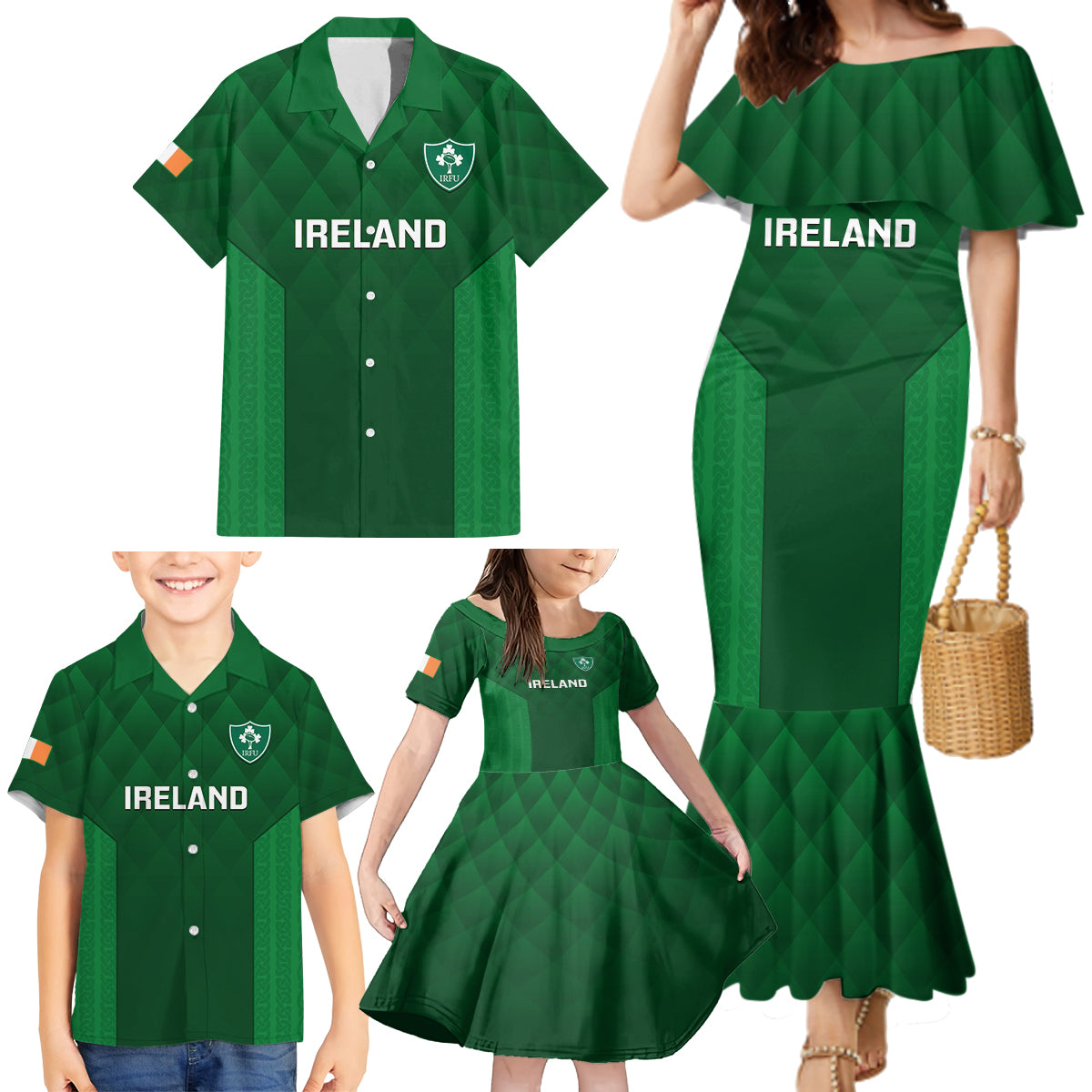 Ireland Rugby Family Matching Mermaid Dress and Hawaiian Shirt 2023 Go Shamrock World Cup Irish Celtic Pattern - Wonder Print Shop