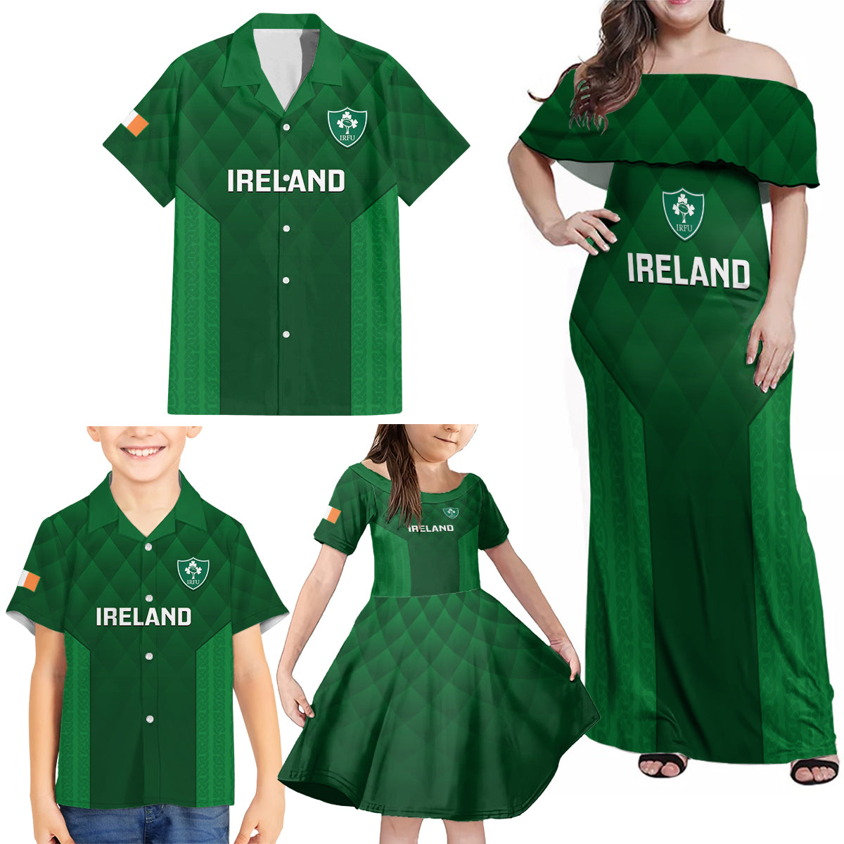 Ireland Rugby Family Matching Off Shoulder Maxi Dress and Hawaiian Shirt 2023 Go Shamrock World Cup Irish Celtic Pattern - Wonder Print Shop