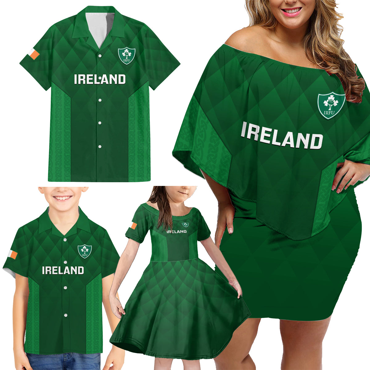 Ireland Rugby Family Matching Off Shoulder Short Dress and Hawaiian Shirt 2023 Go Shamrock World Cup Irish Celtic Pattern - Wonder Print Shop