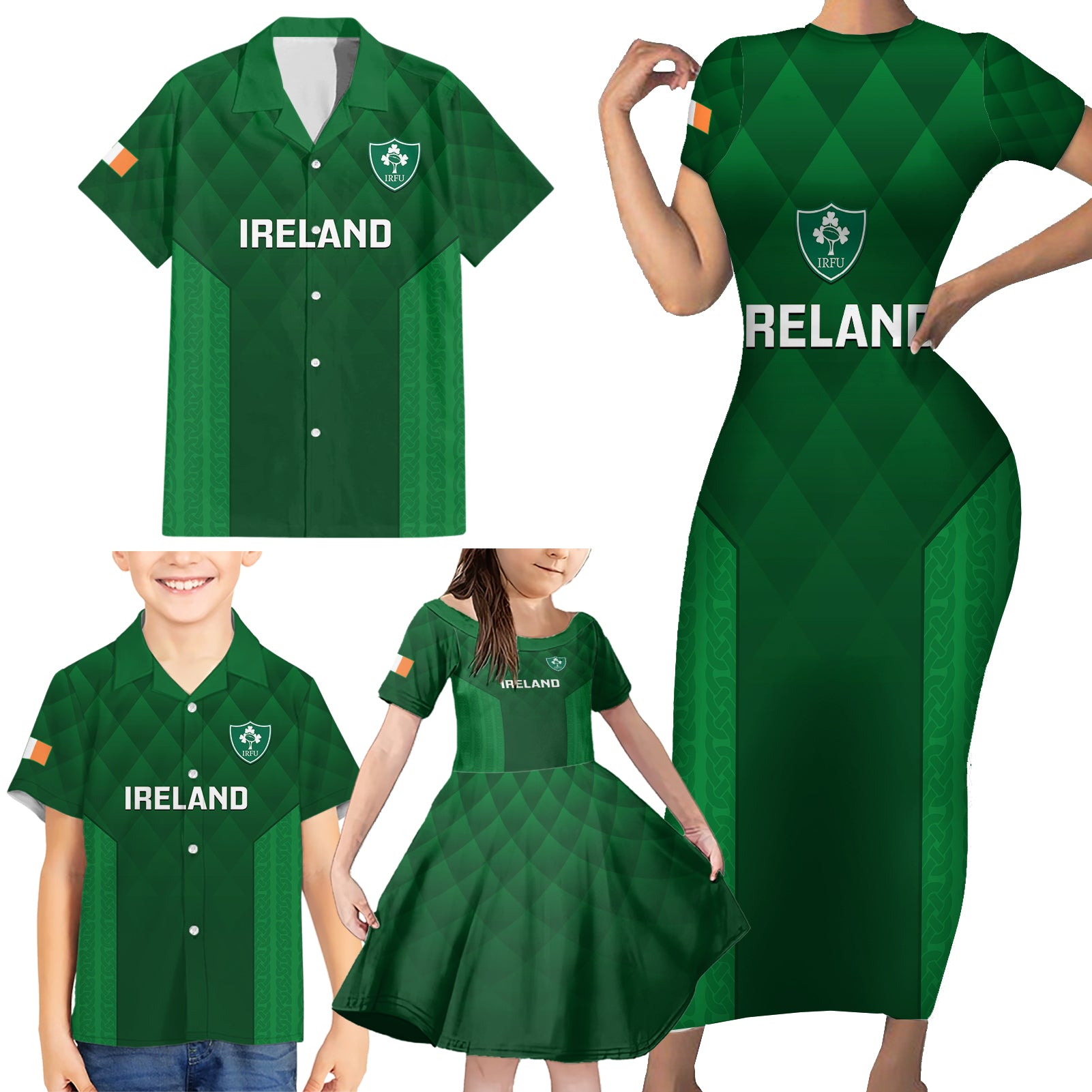 Ireland Rugby Family Matching Short Sleeve Bodycon Dress and Hawaiian Shirt 2023 Go Shamrock World Cup Irish Celtic Pattern - Wonder Print Shop