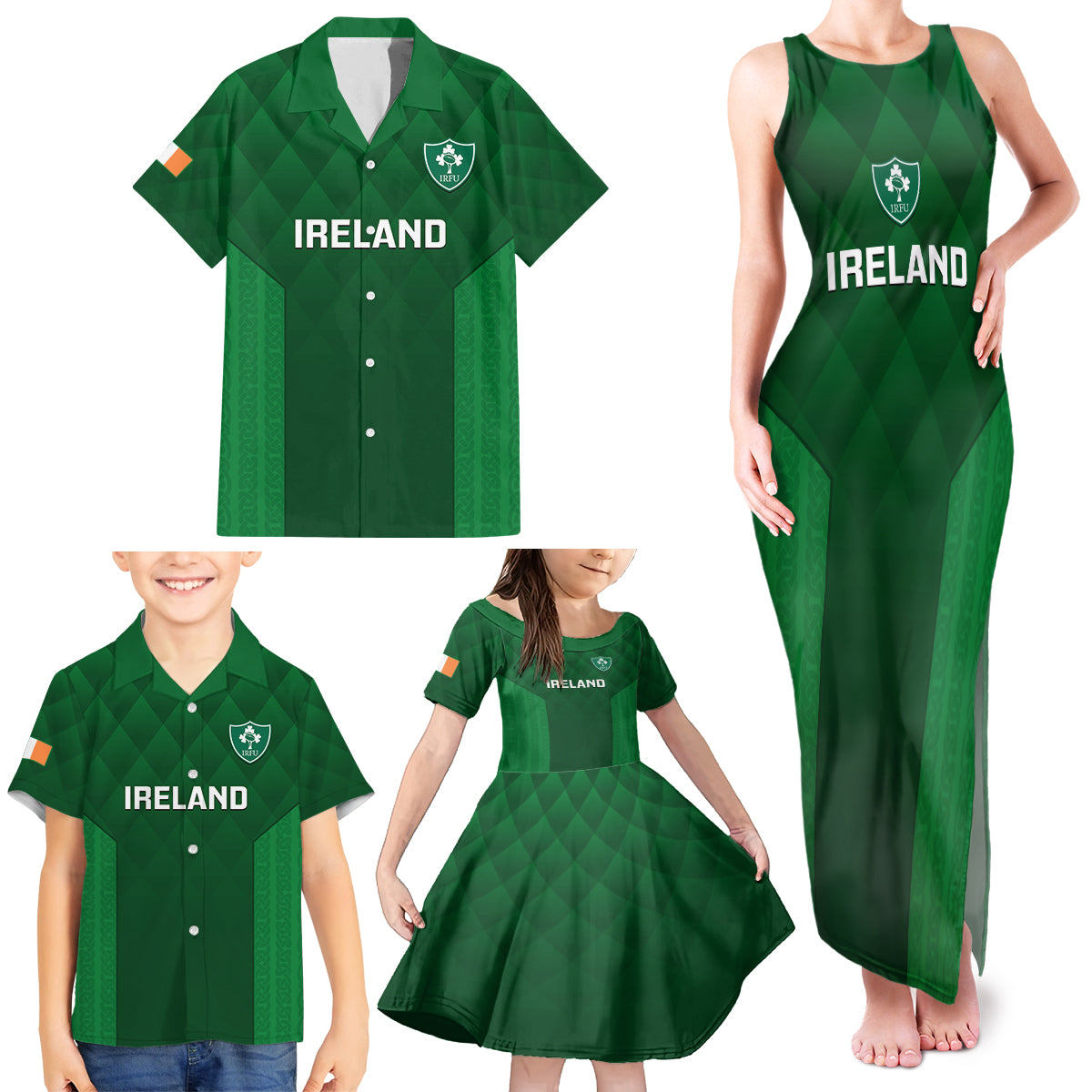 Ireland Rugby Family Matching Tank Maxi Dress and Hawaiian Shirt 2023 Go Shamrock World Cup Irish Celtic Pattern - Wonder Print Shop