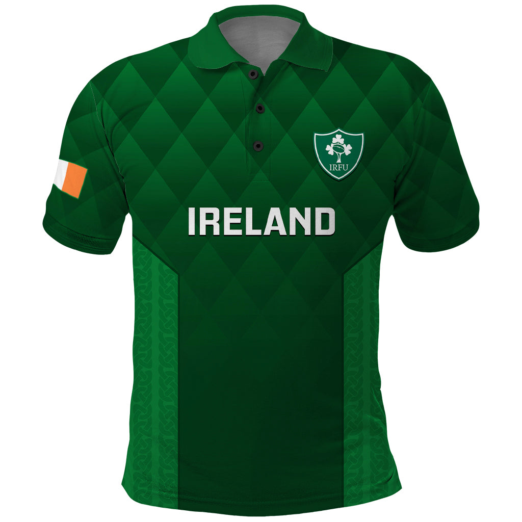 Green Ireland rugby polo shirt with IRFU crest and IRELAND text on chest