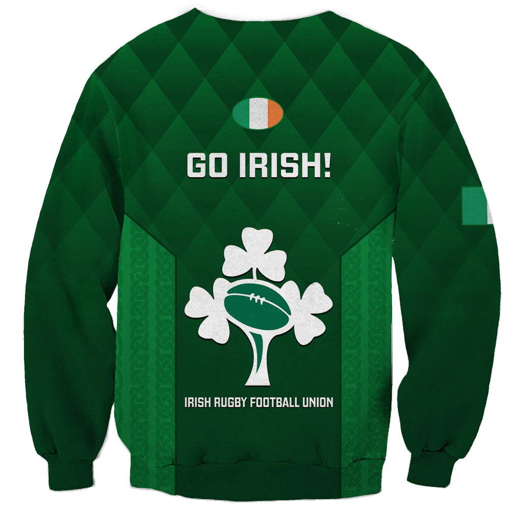 Green back rugby sweatshirt with 'GO IRISH!' print, clover rugby-ball logo and flag badge