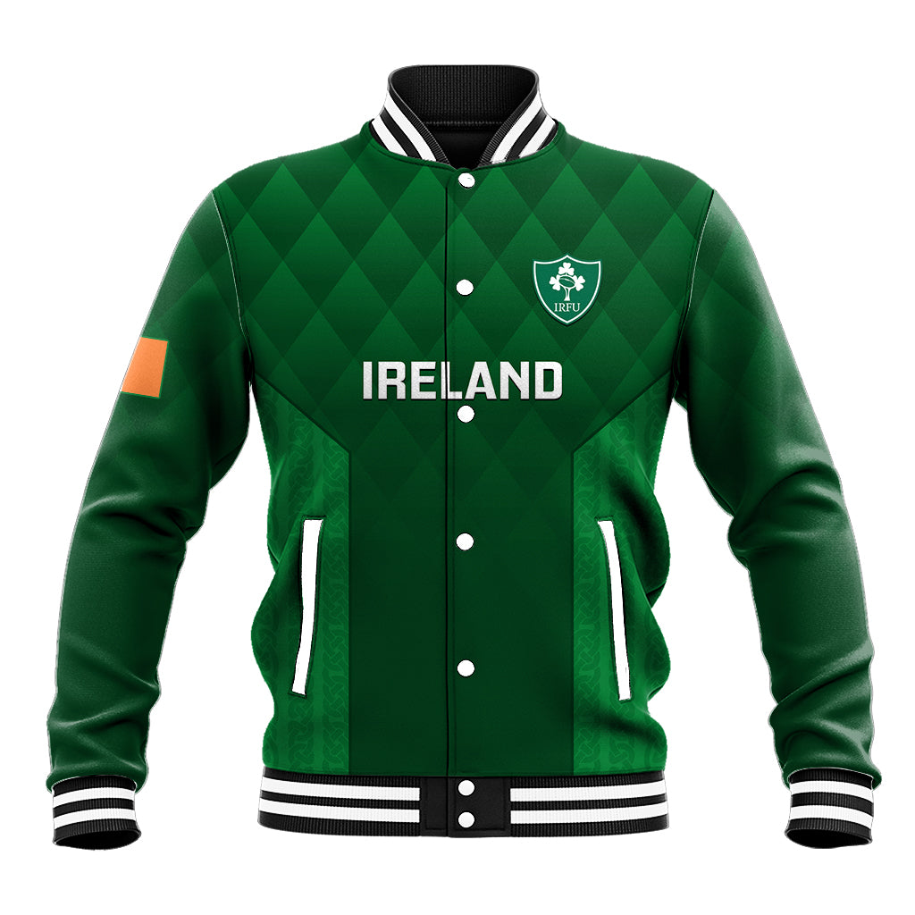 Green Ireland rugby baseball jacket with diamond pattern, snap buttons, stand collar