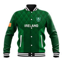 Green Ireland rugby baseball jacket with diamond pattern, snap buttons, stand collar