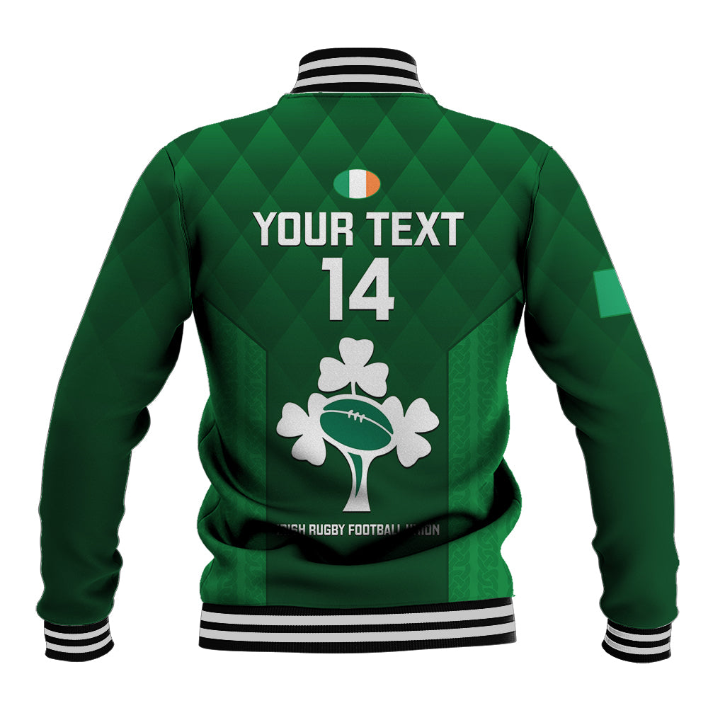 Green rugby baseball jacket back with diamond pattern, number 14, mascot graphic