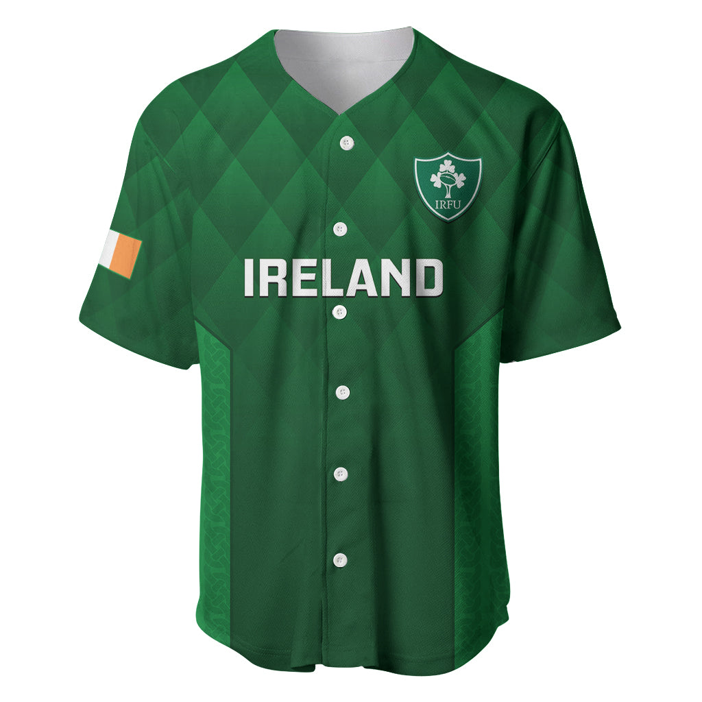 Custom Ireland green rugby baseball jersey, argyle pattern, IRFU crest, button front
