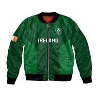 Green bomber jacket with front zipper and Ireland crest patch, ribbed cuffs and hem