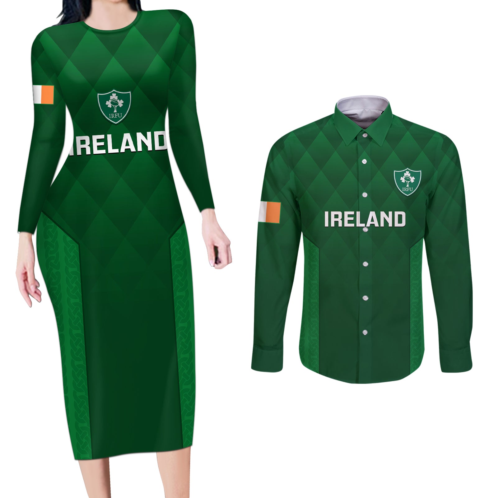 Custom Ireland Rugby Couples Matching Long Sleeve Bodycon Dress and Long Sleeve Button Shirts 2023 Go Shamrock World Cup Irish Celtic Pattern - Wonder Print Shop