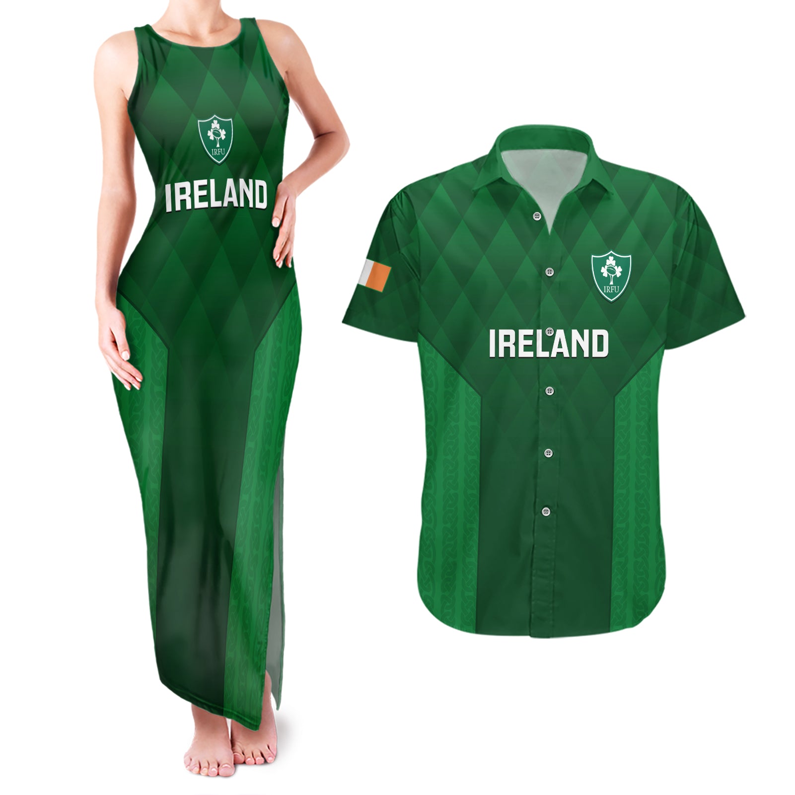 Custom Ireland Rugby Couples Matching Tank Maxi Dress and Hawaiian Shirt 2023 Go Shamrock World Cup Irish Celtic Pattern - Wonder Print Shop