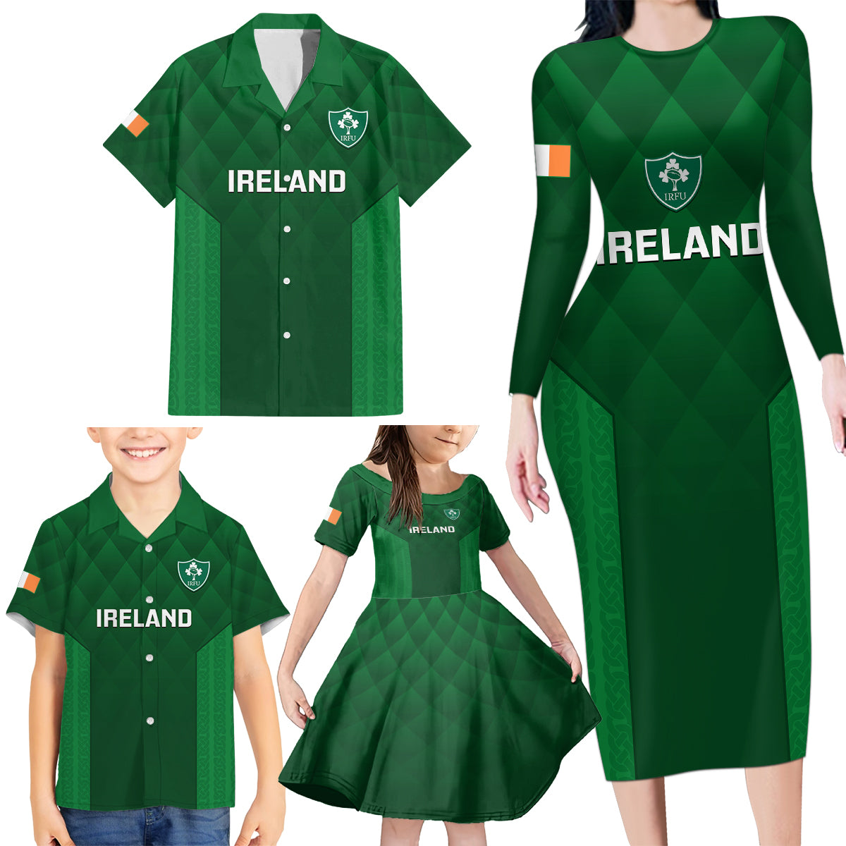 Custom Ireland Rugby Family Matching Long Sleeve Bodycon Dress and Hawaiian Shirt 2023 Go Shamrock World Cup Irish Celtic Pattern - Wonder Print Shop