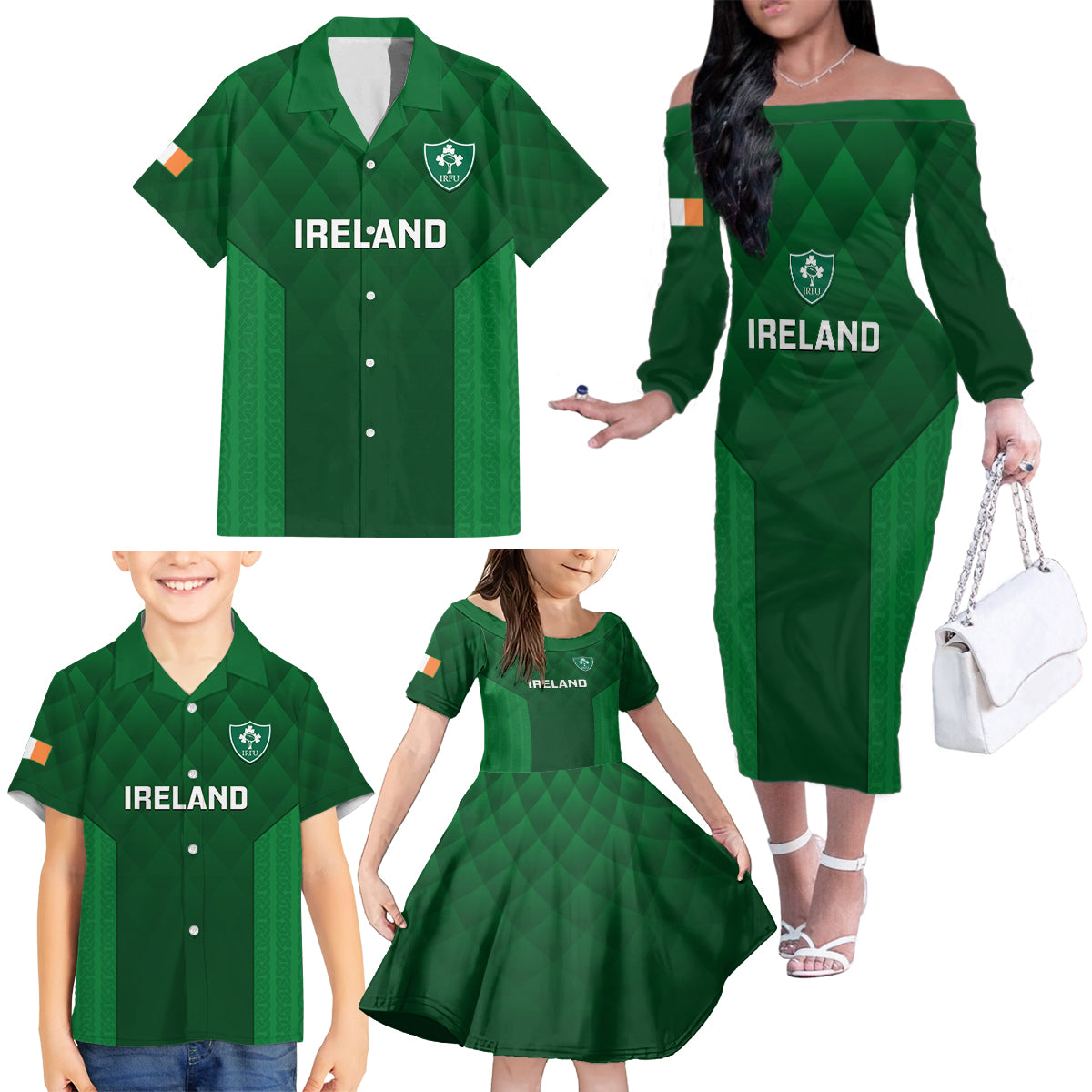 Custom Ireland Rugby Family Matching Off Shoulder Long Sleeve Dress and Hawaiian Shirt 2023 Go Shamrock World Cup Irish Celtic Pattern - Wonder Print Shop