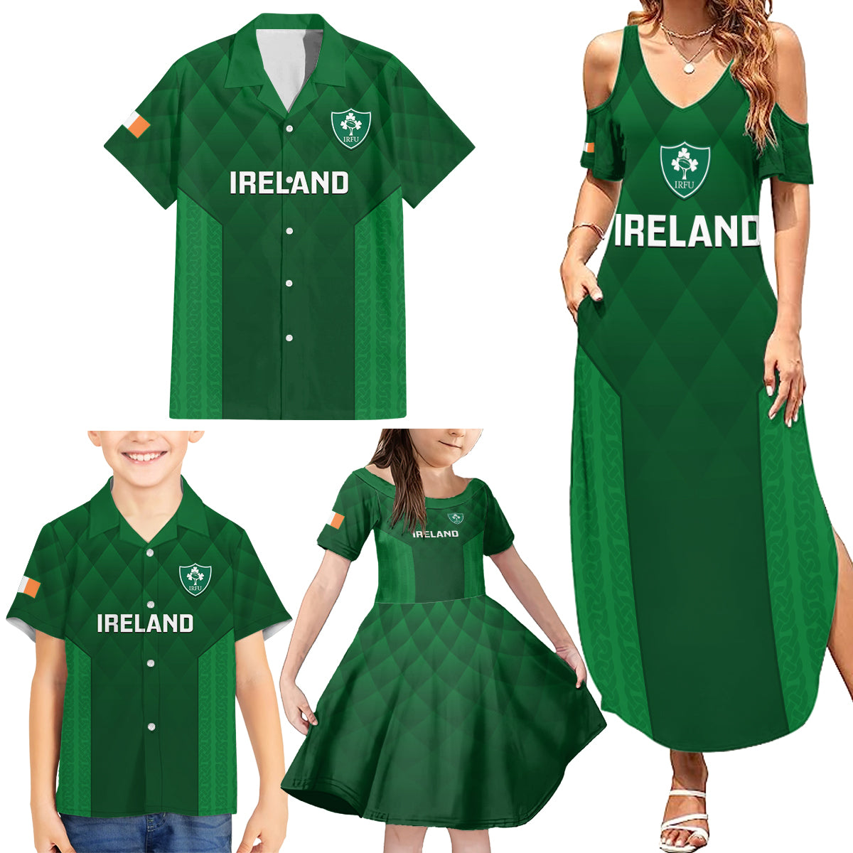 Custom Ireland Rugby Family Matching Summer Maxi Dress and Hawaiian Shirt 2023 Go Shamrock World Cup Irish Celtic Pattern - Wonder Print Shop