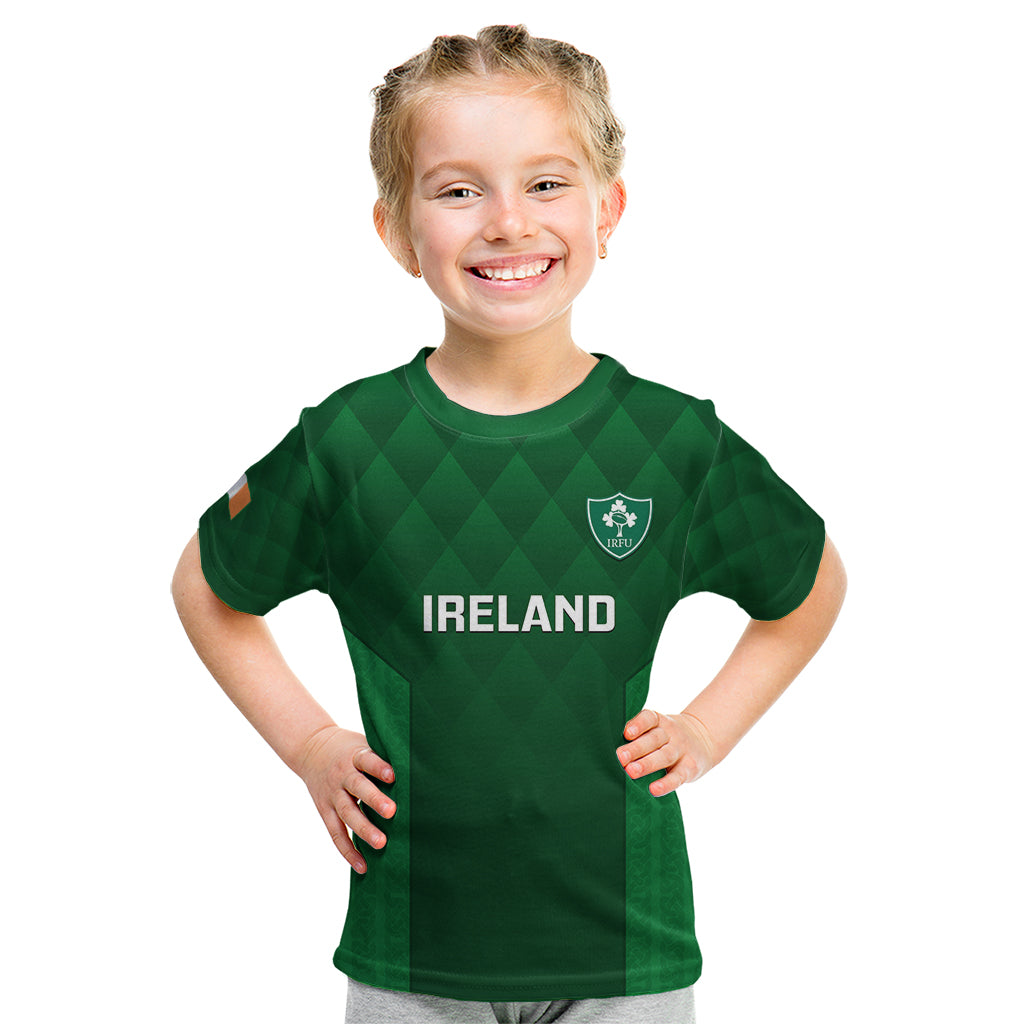 Kids green rugby T-shirt with IRELAND front print and crest