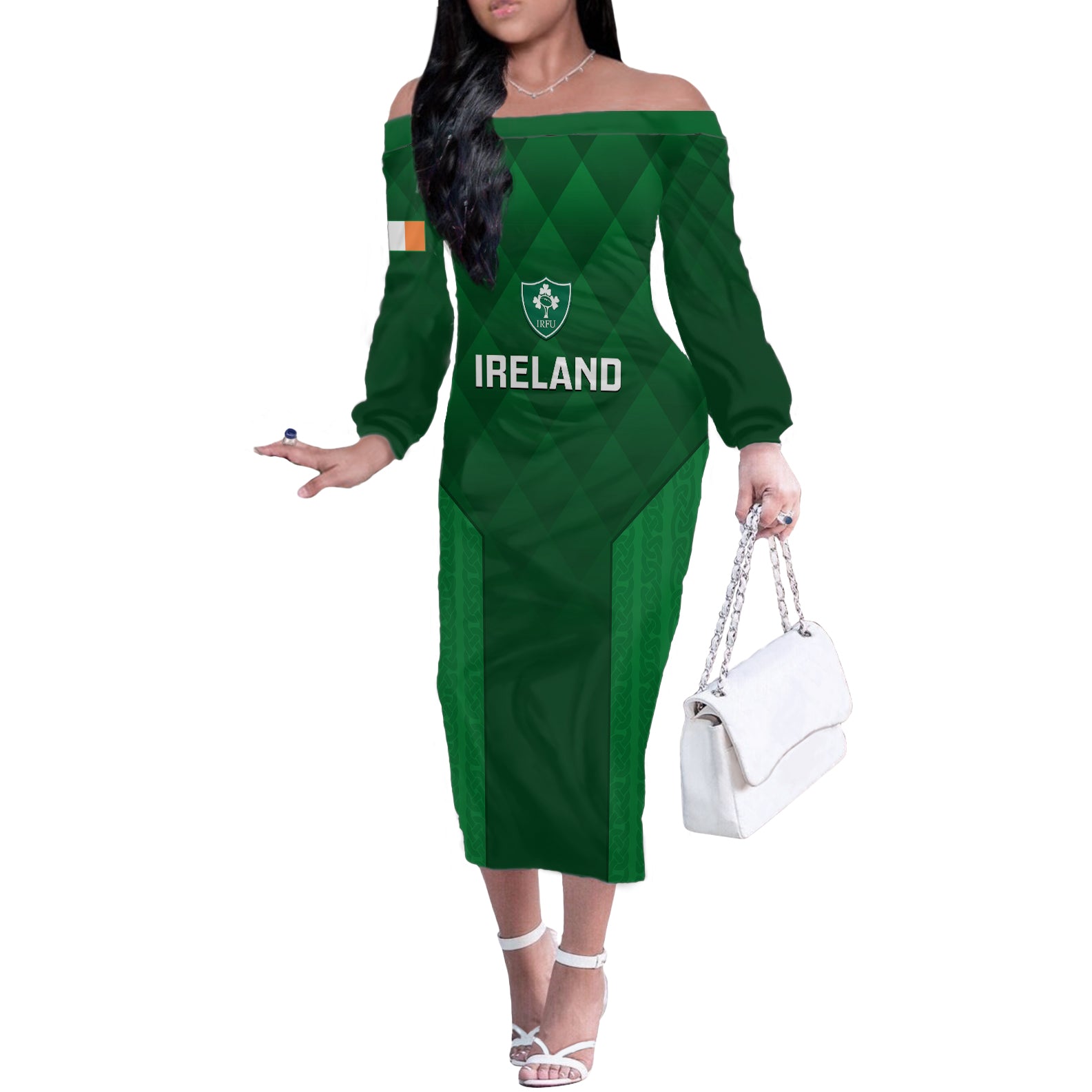 Custom Ireland Rugby Off The Shoulder Long Sleeve Dress 2023 Go Shamrock World Cup Irish Celtic Pattern - Wonder Print Shop