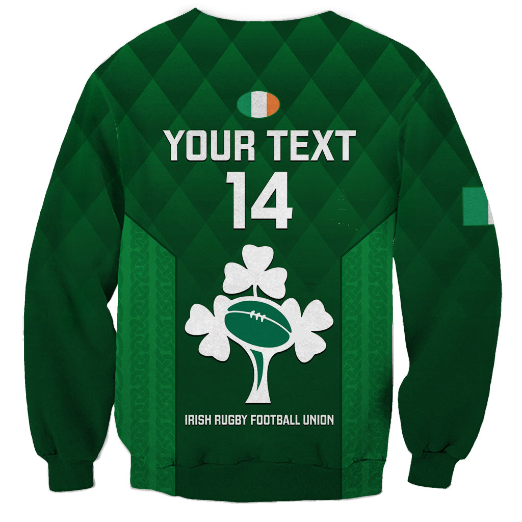 Green rugby sweatshirt, back print with clover, number 14, and IRFU text