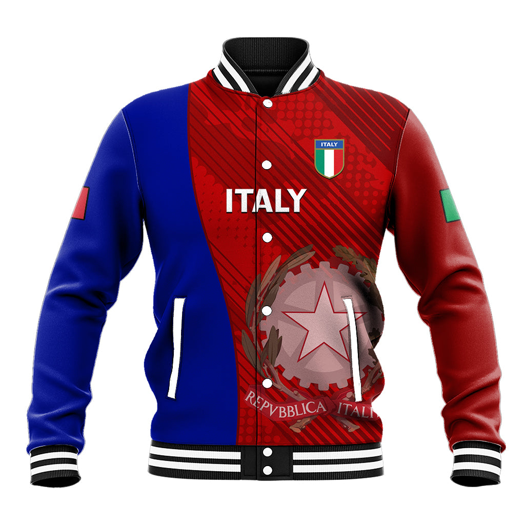 Color-block baseball jacket with red and blue sleeves, snap buttons, Italy crest on front