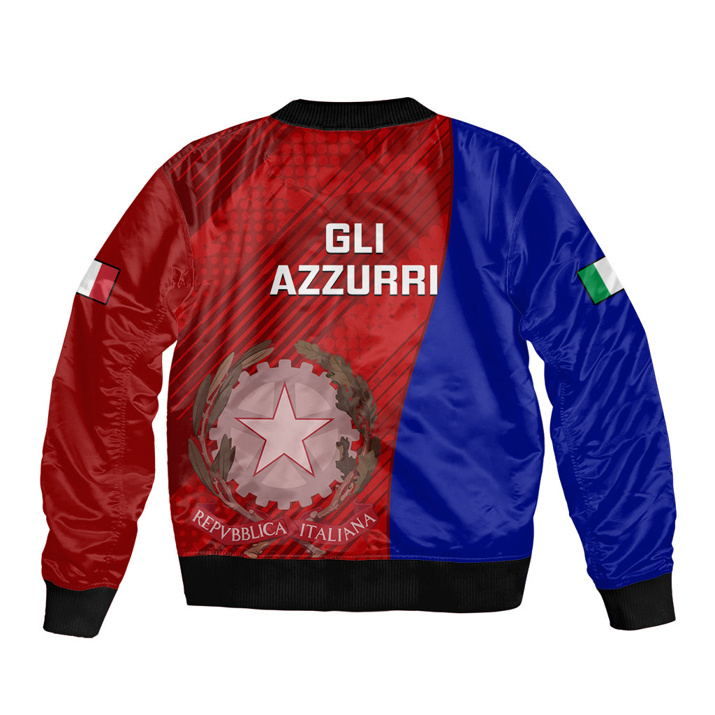 Unisex bomber jacket with blue and red panels, 'GLI AZZURRI' print, ribbed hem