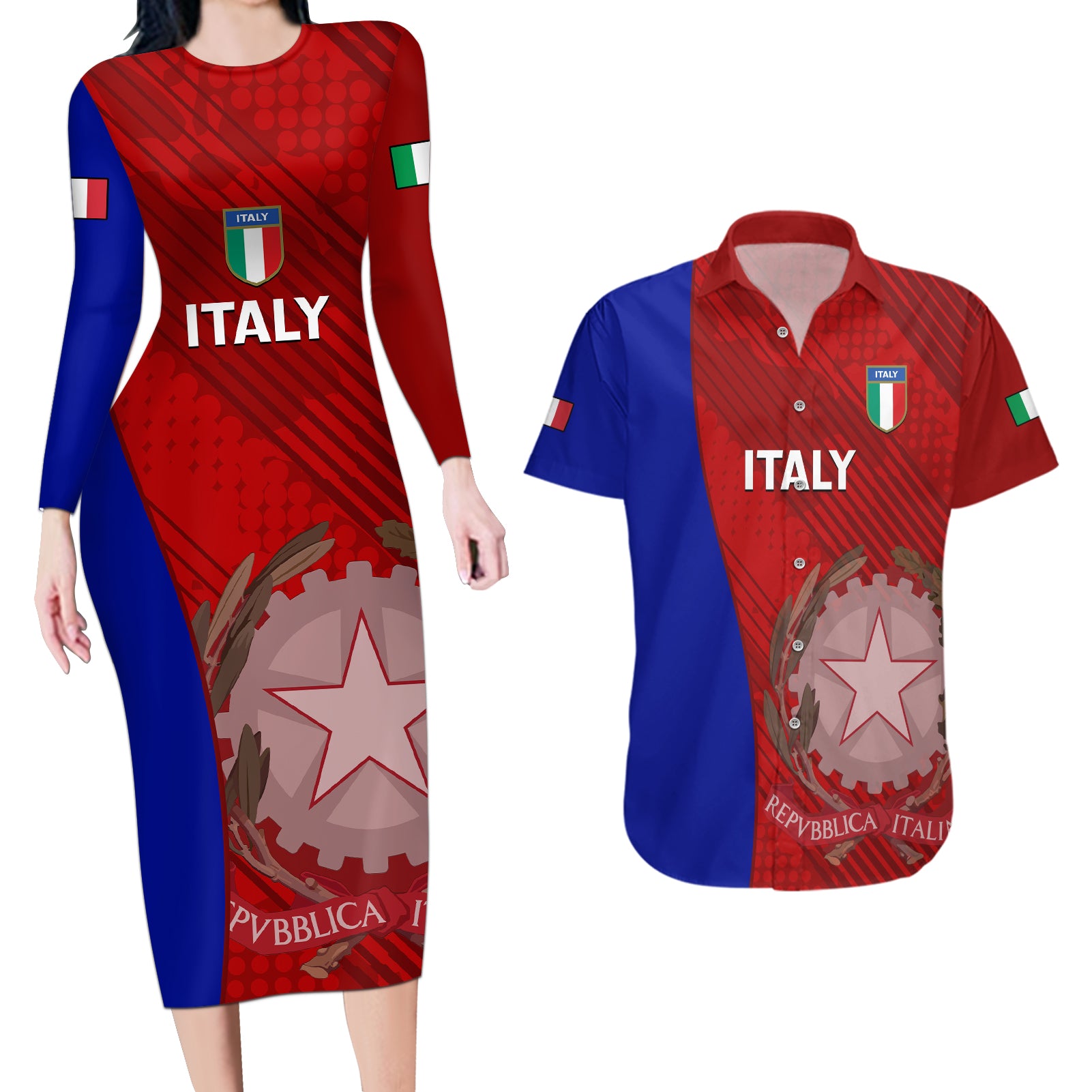 Italy Rugby Couples Matching Long Sleeve Bodycon Dress and Hawaiian Shirt 2023 The Blues Grunge Style - Wonder Print Shop