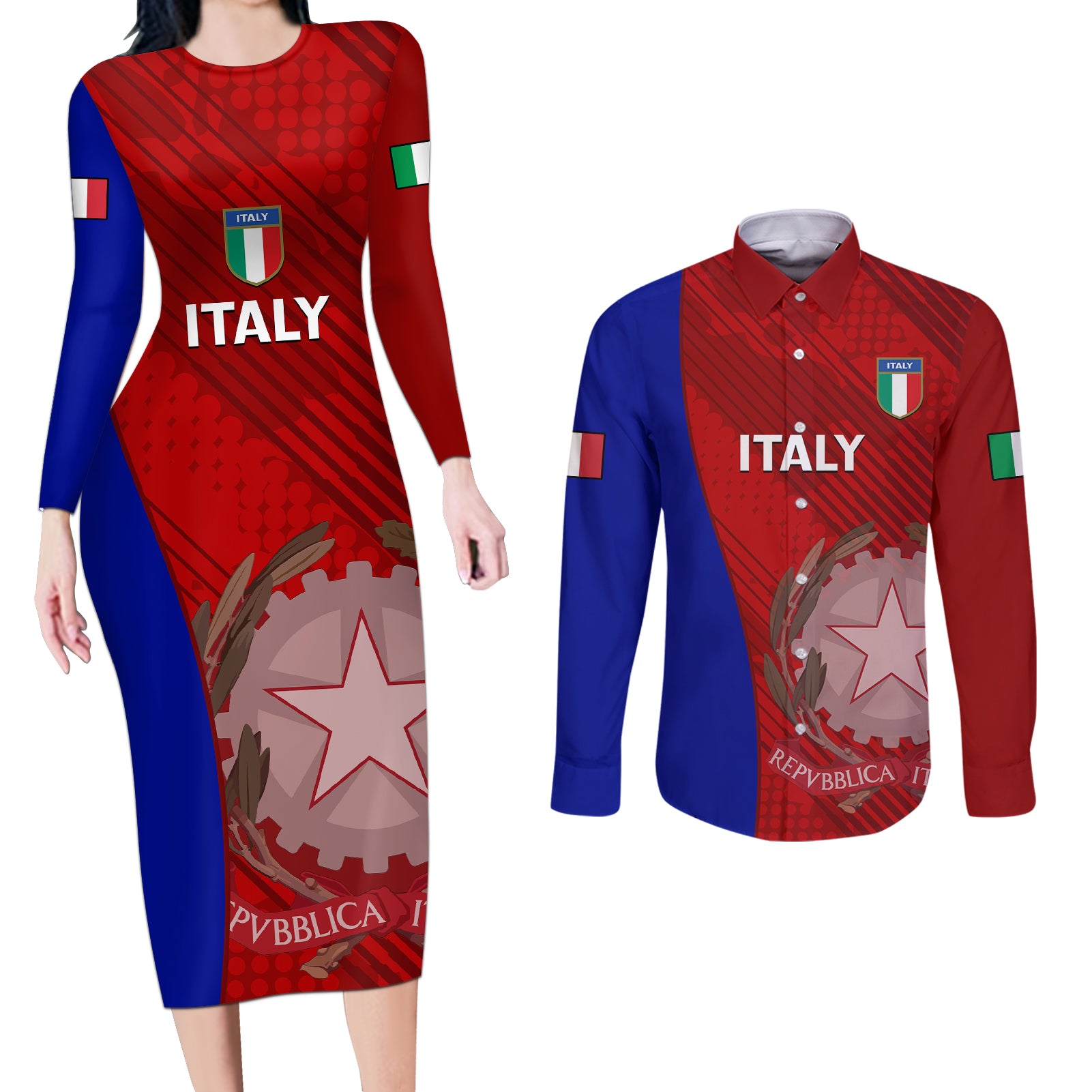 Italy Rugby Couples Matching Long Sleeve Bodycon Dress and Long Sleeve Button Shirts 2023 The Blues Grunge Style - Wonder Print Shop