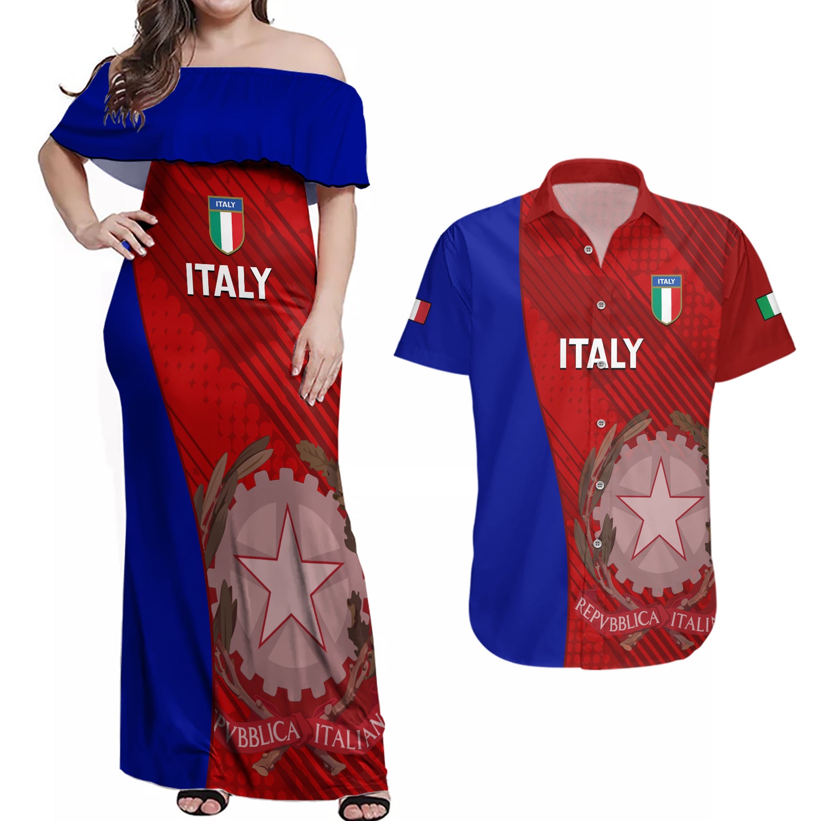 Italy Rugby Couples Matching Off Shoulder Maxi Dress and Hawaiian Shirt 2023 The Blues Grunge Style - Wonder Print Shop